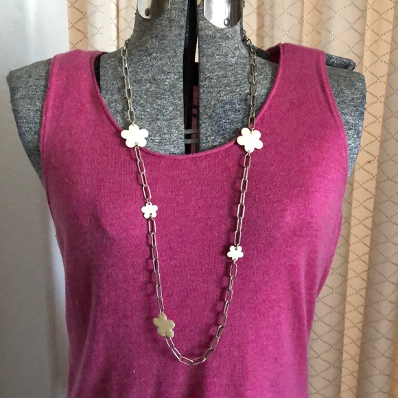 Silver-tone Chain Necklace w/ Cream Enamel Flowers - Picture 5 of 7